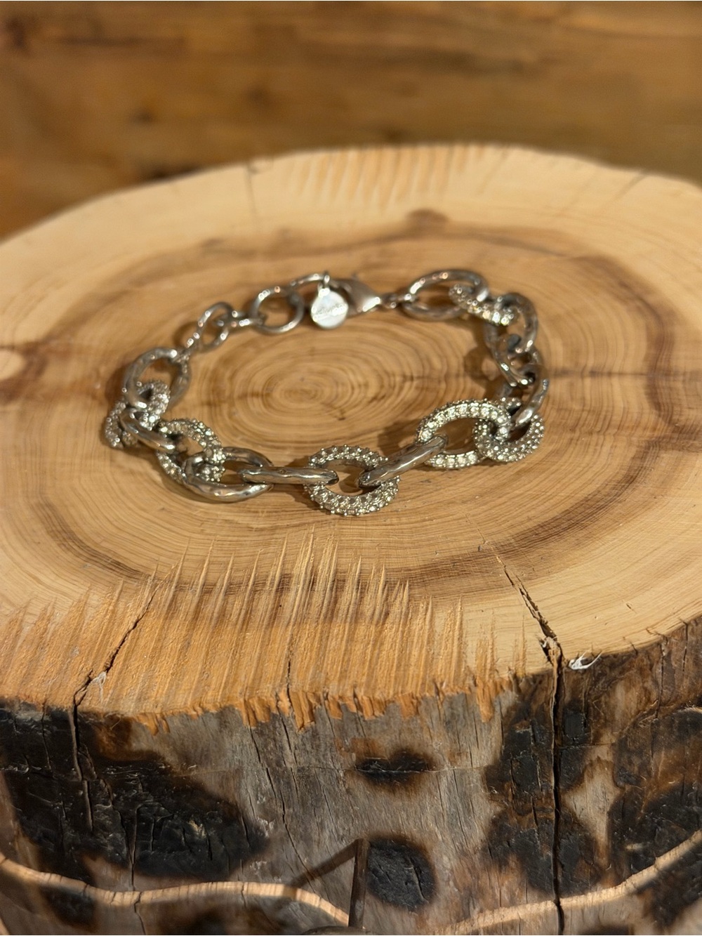 Stella & Dot Silver Christina Link Bracelet w/ Hammered Links & Pave Rhinestones